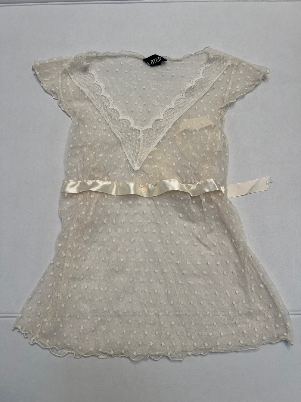 VINTAGE Y2K LACE FAIRYCORE A.BYER SHORT FLUTTER SLEEVE STAIN TIE WAIST TOP